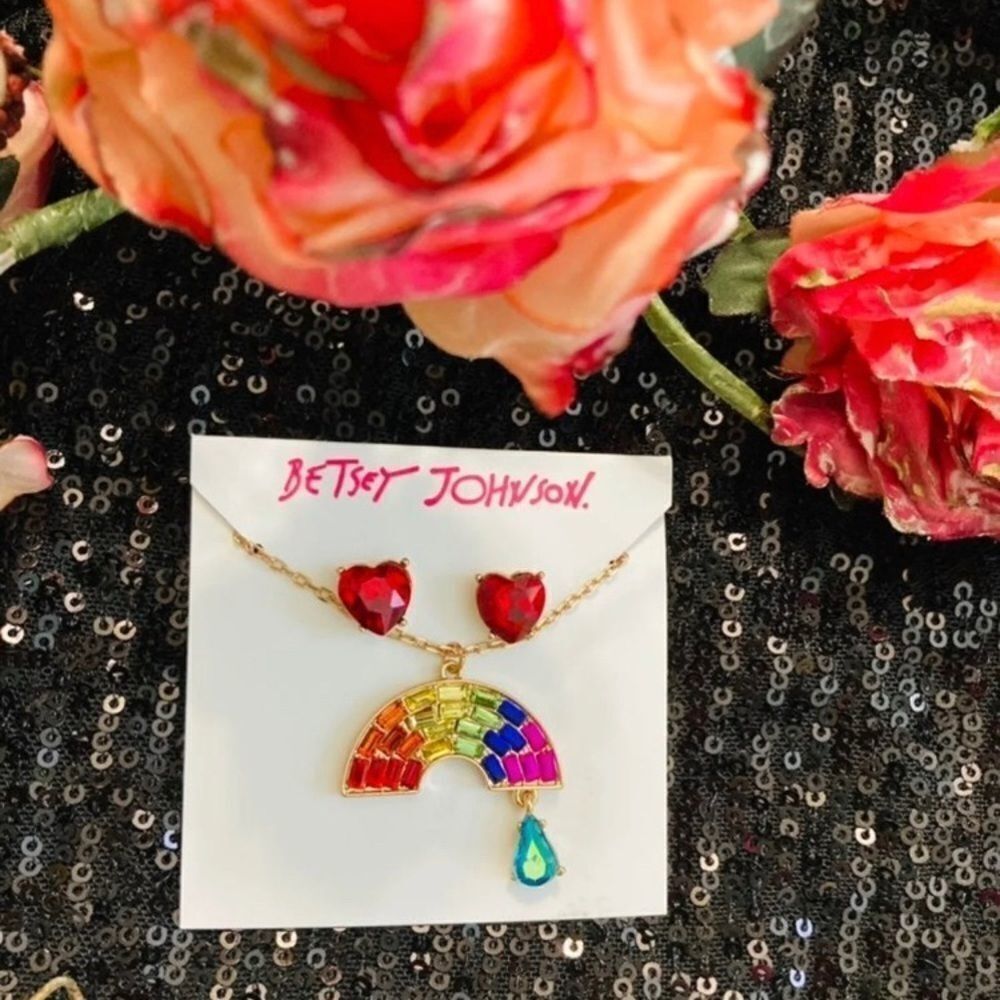 Betsey Johnson Rainbow & Teardrop Crystal Necklace & Heart Stud Earring Set New